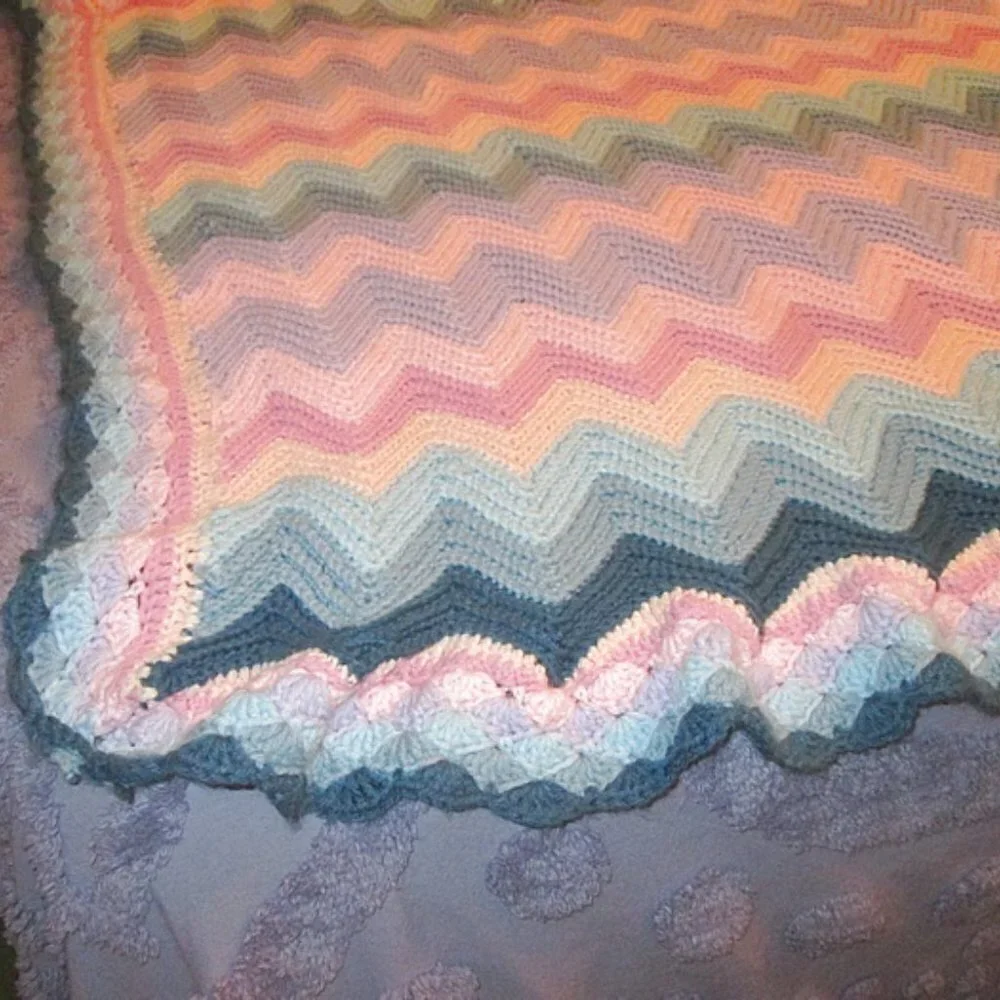 Vtg 90s Hand Crochet Afghan Throw Blanket Couch Throw Colorful Chevron Boho 59”
